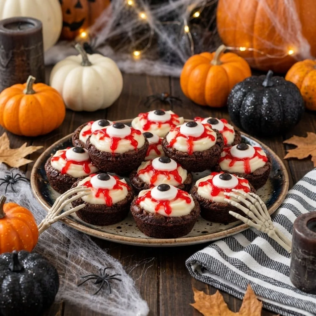 Spooky eyeball brownie bites for Halloween dessert.
