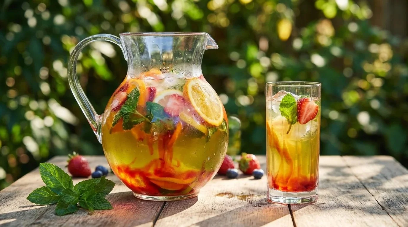 A vibrant bowl of Garden Party Super Punch filled with fresh fruits and colorful ingredients