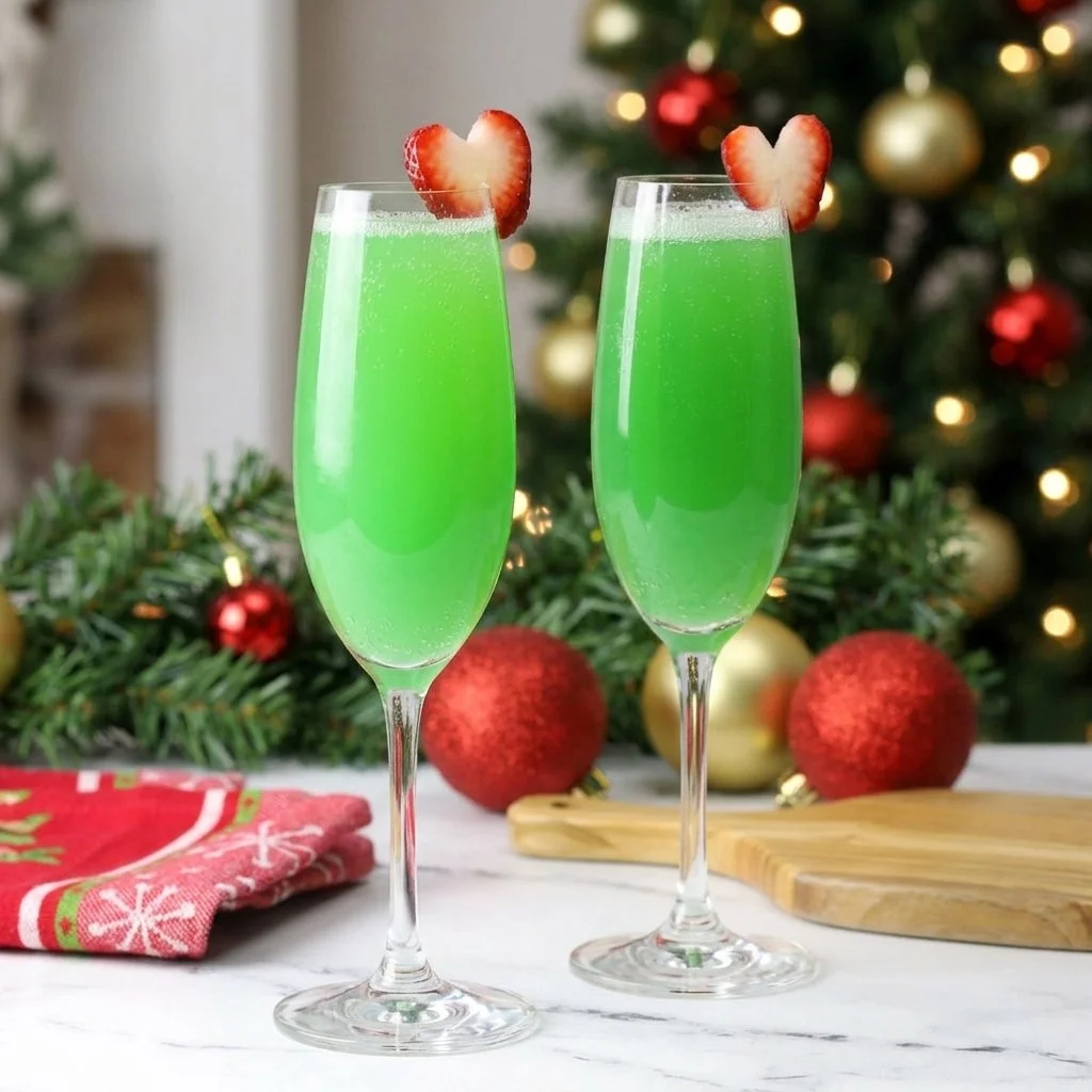 Festive Grinch Mimosa cocktail with red and green colors for Christmas celebrations.