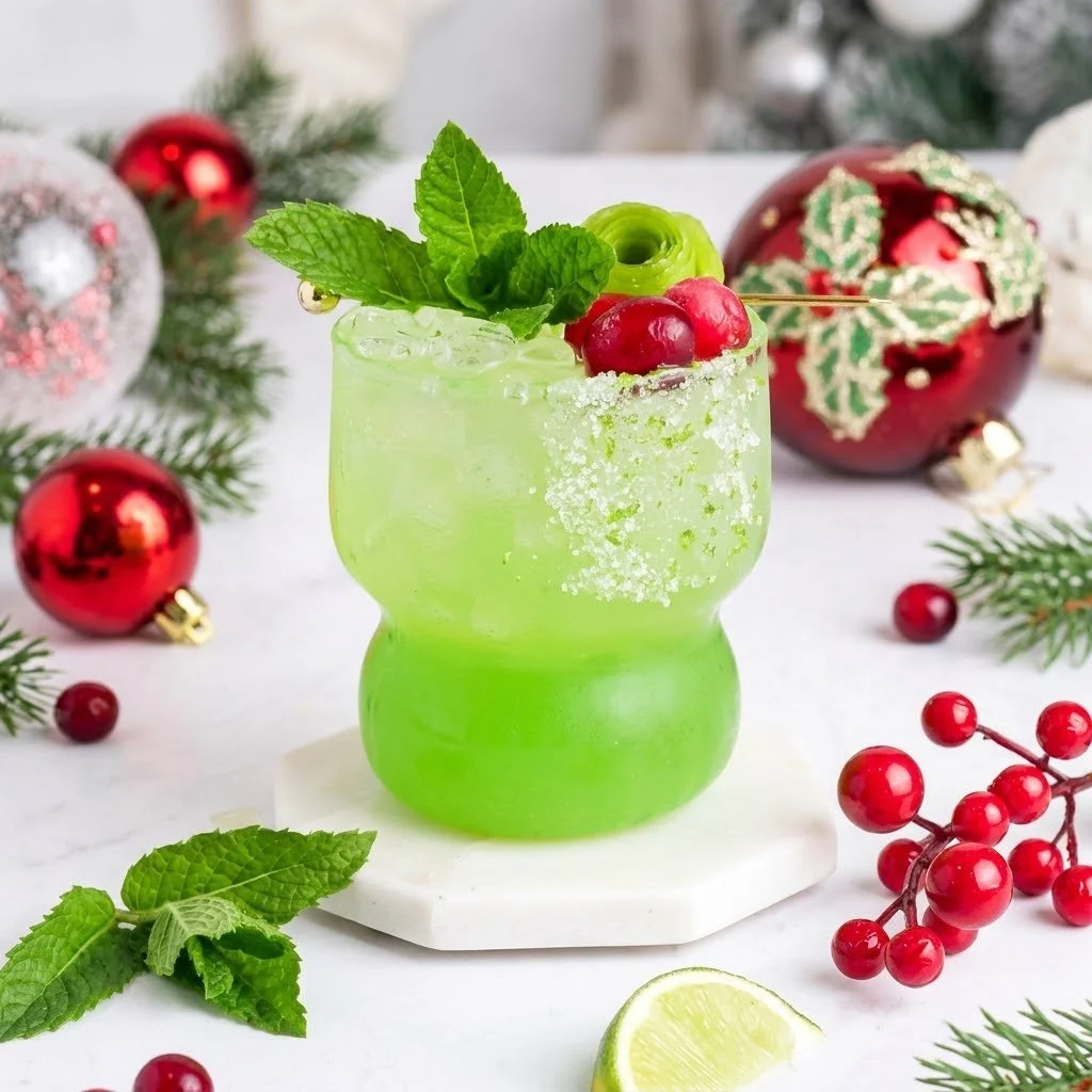 Festive Grinch Mocktail served in a holiday-themed glass with garnishes.