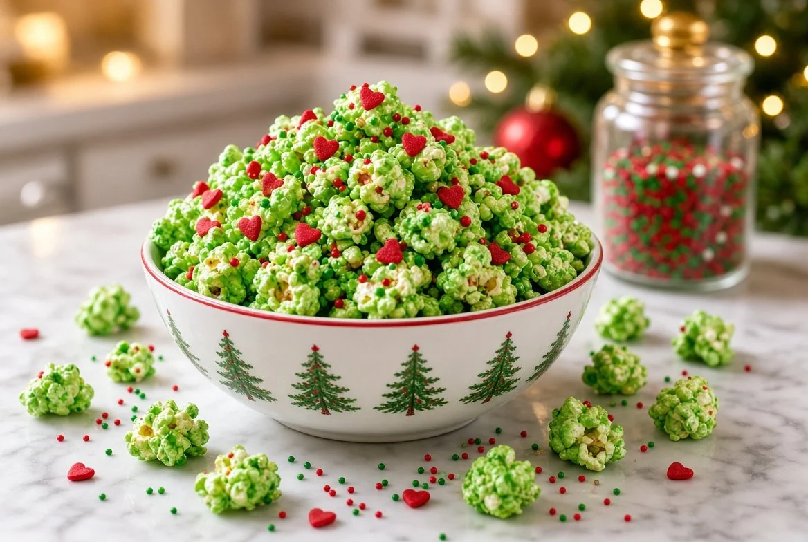 Colorful Grinch Popcorn in a festive bowl for holiday celebrations