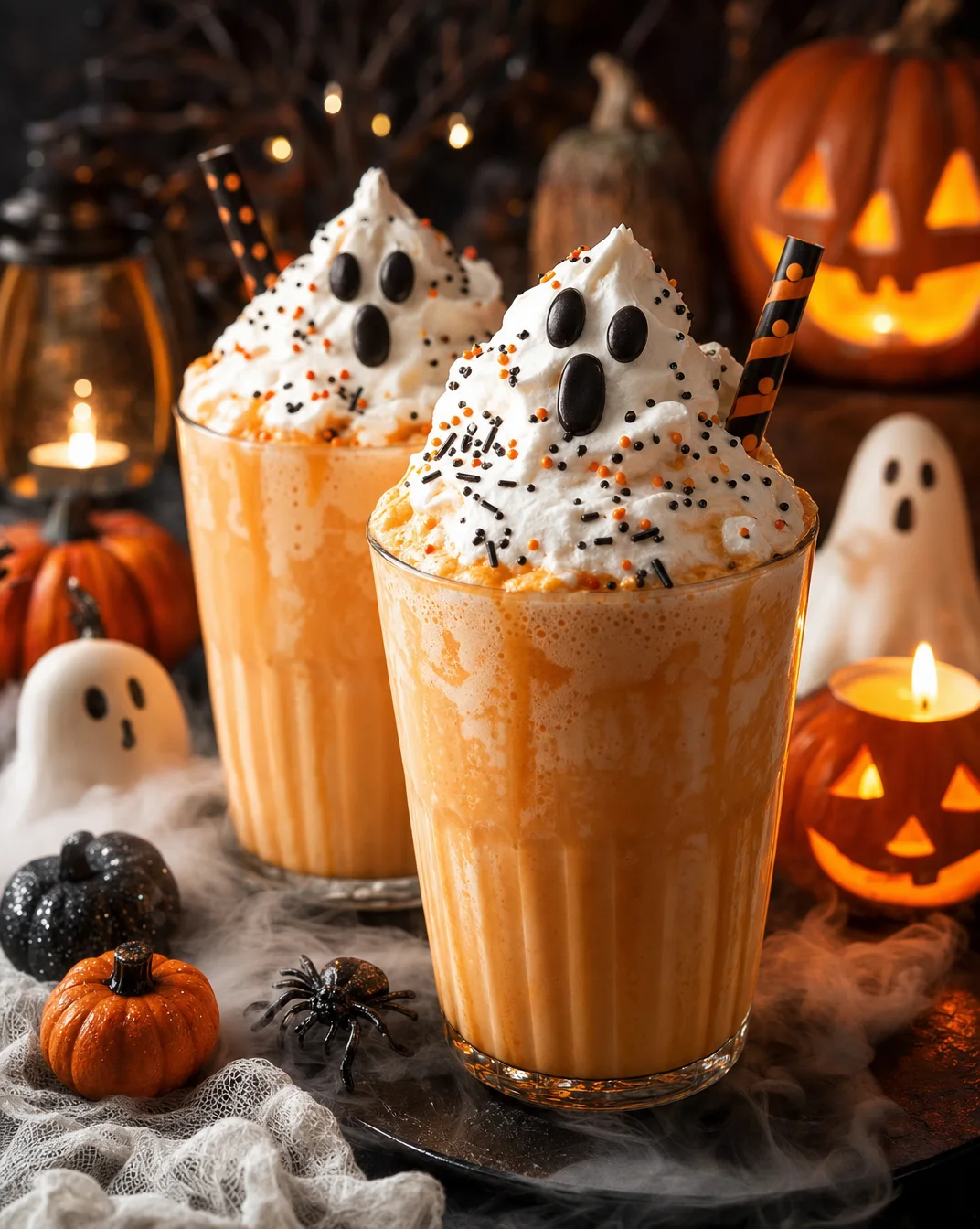 Spooky Halloween ghost punch in a decorative bowl with ice and garnishes.