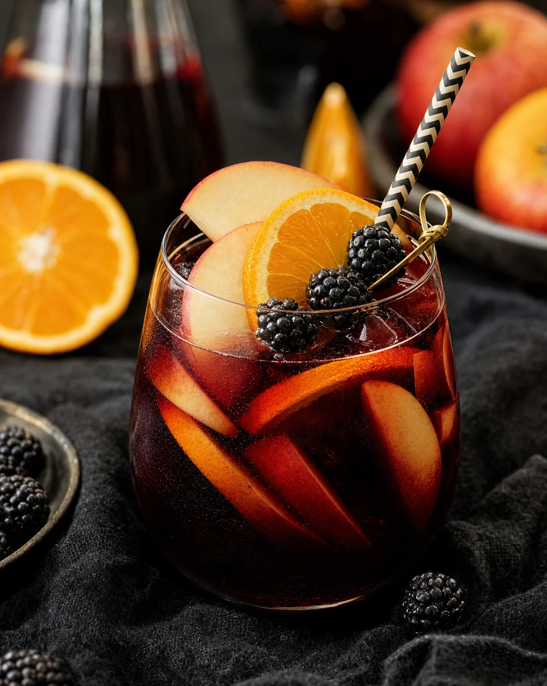 Glass of Halloween Sangria with eerie decorations and spooky fruits