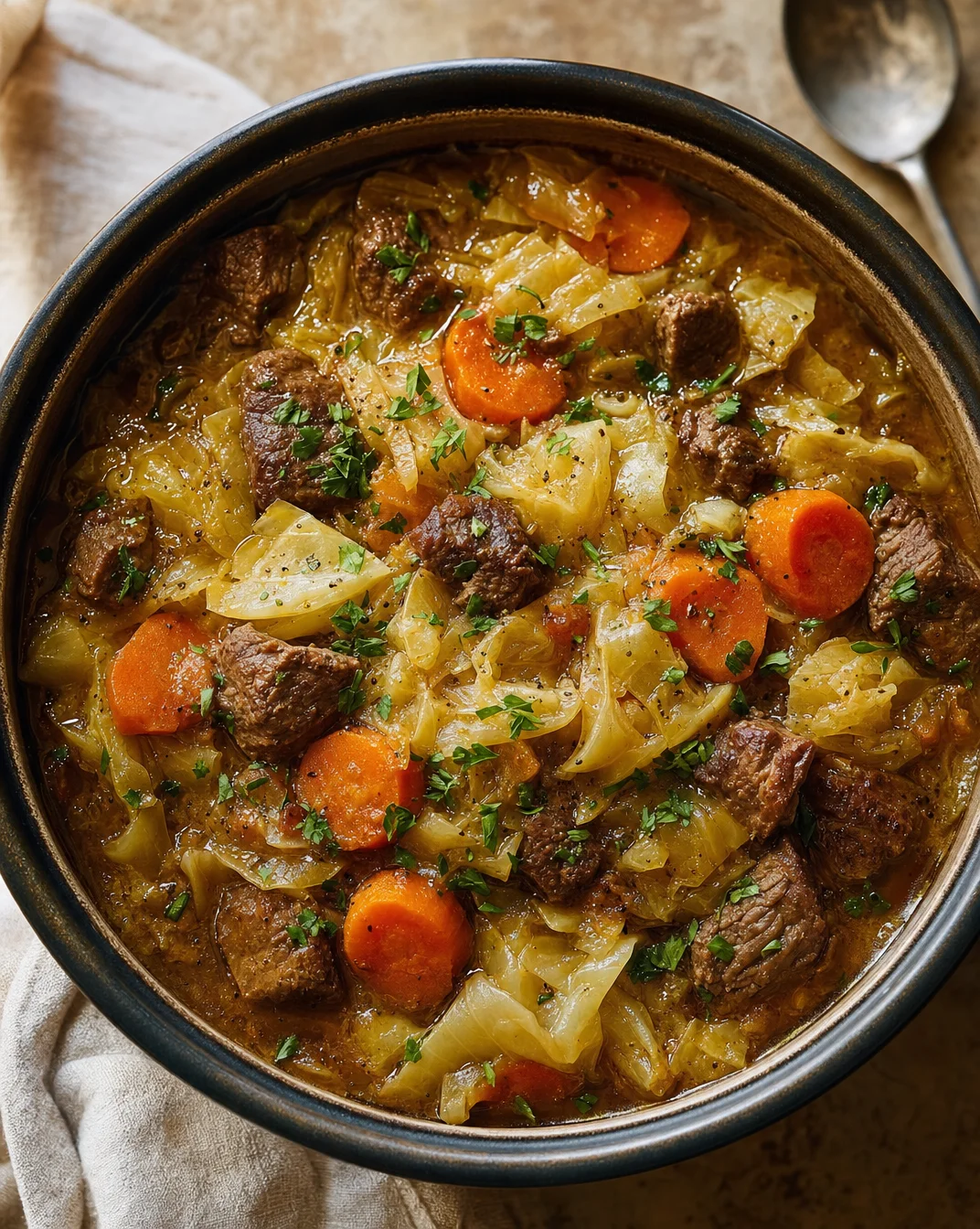 Bowl of Hamburger Cabbage Soup garnished with herbs.