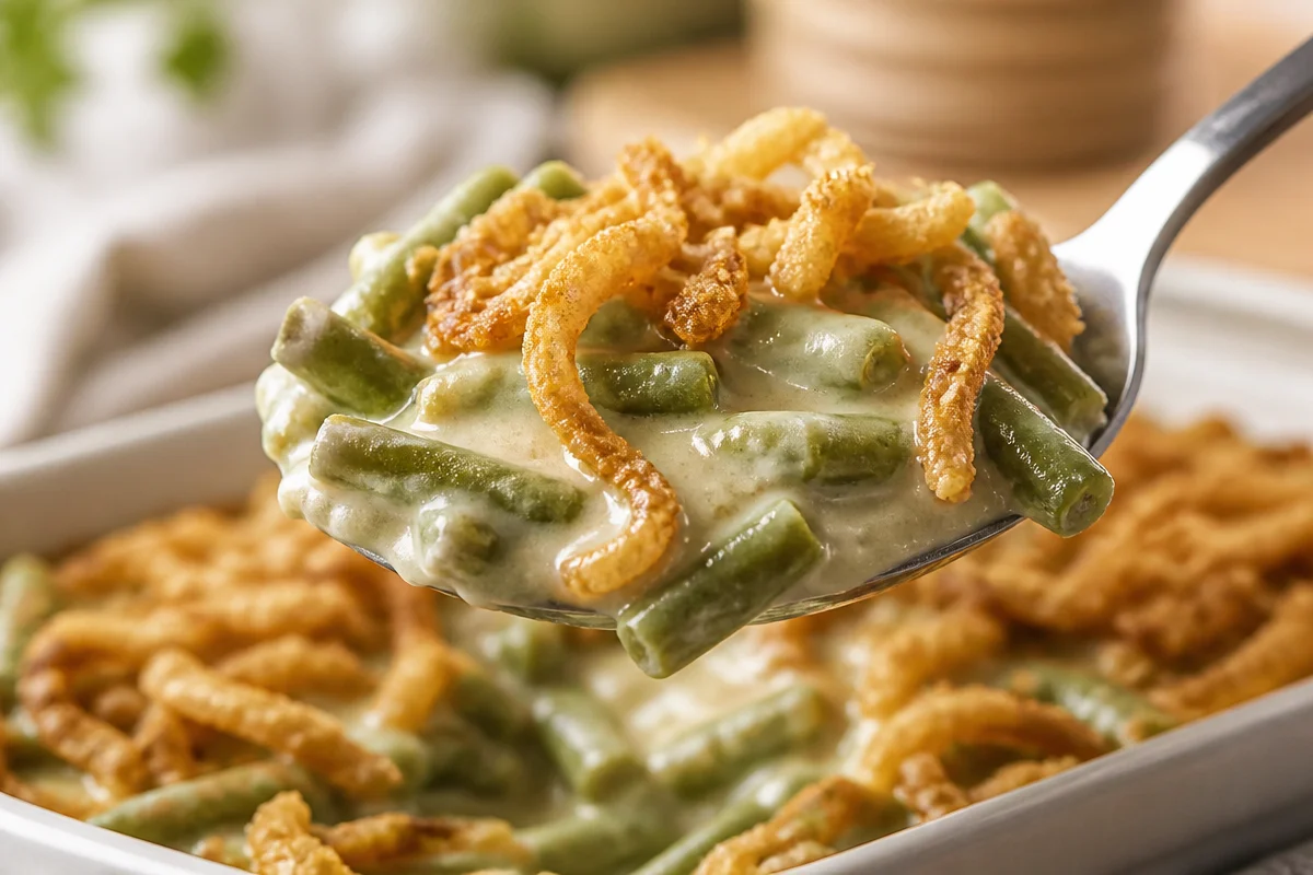 Homemade stovetop green bean casserole with artichokes and a sweet twist