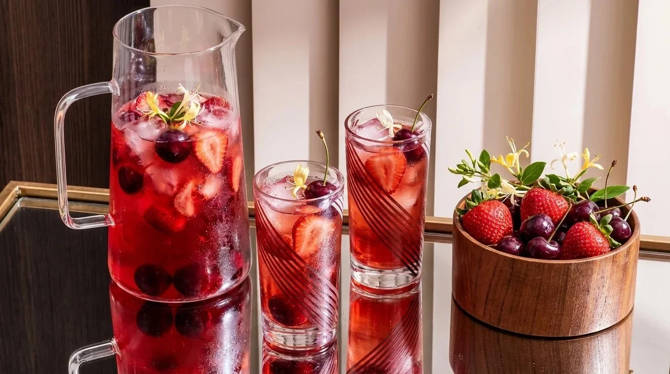 Honeysuckle Red Drink Punch served in a glass with colorful fruits