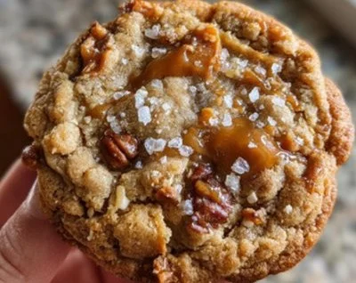Bowl of freshly baked salted caramel pecan cookies with a drizzle of caramel