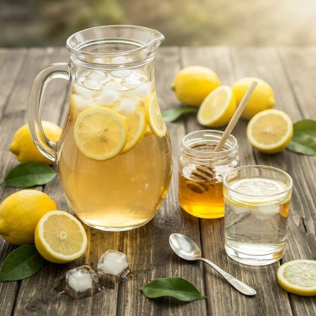 Glass of lemon honey water with fresh lemons and honey | Refreshing drink