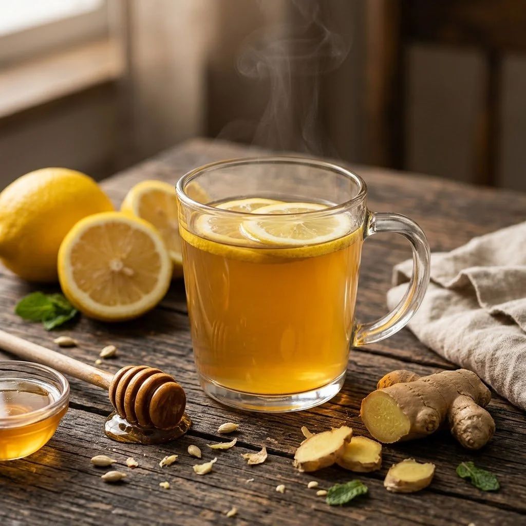 A cup of Lemon Honey Ginger Tea with fresh ingredients on a wooden table.