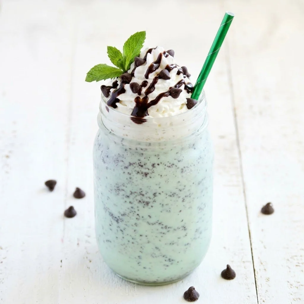 Delicious Mint Chocolate Chip Milkshake topped with whipped cream and chocolate chips