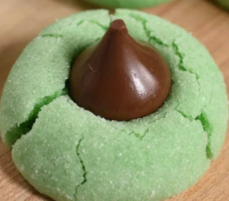 Mint Chocolate Kiss Cookies topped with Hershey's chocolate mint kisses