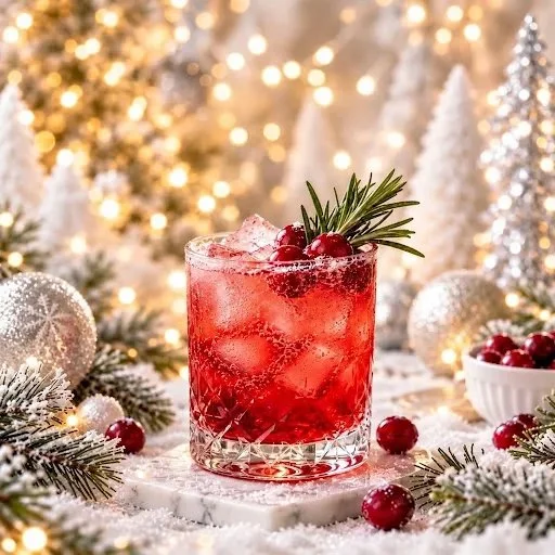 Mistletoe Cranberry Fizz Cocktail garnished with fresh cranberries and mint