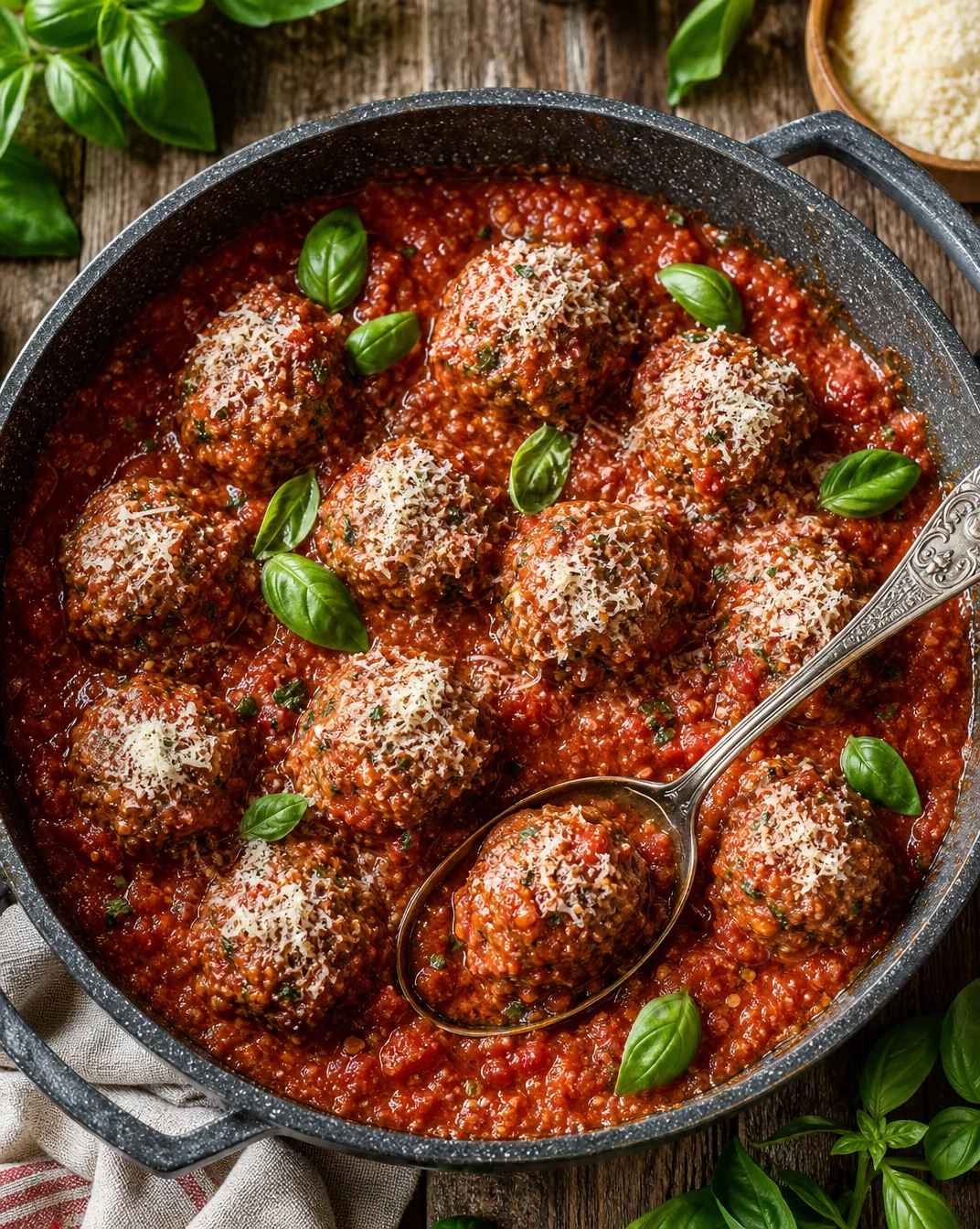 Plate of Mom's easy traditional Italian meatballs served with marinara sauce.
