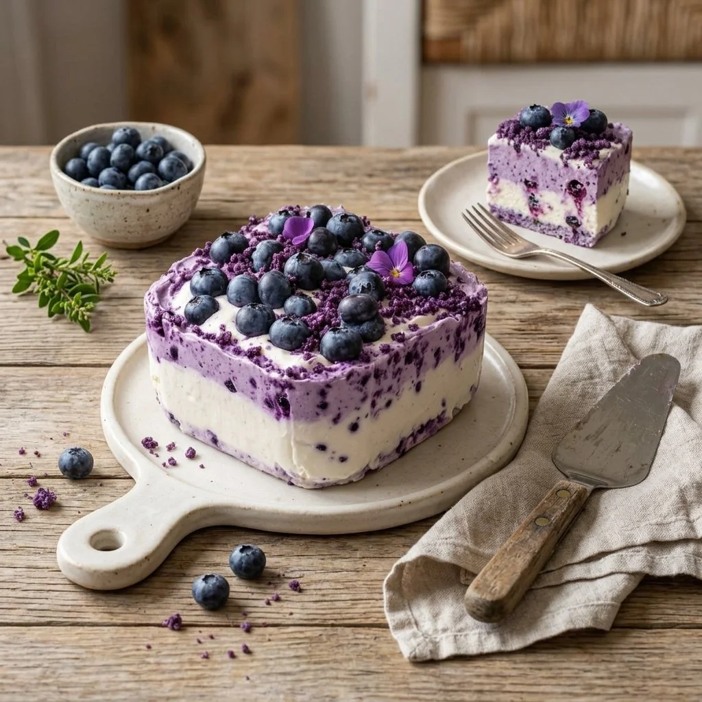 No-Bake Blueberry Yogurt Cake topped with fresh blueberries and yogurt.