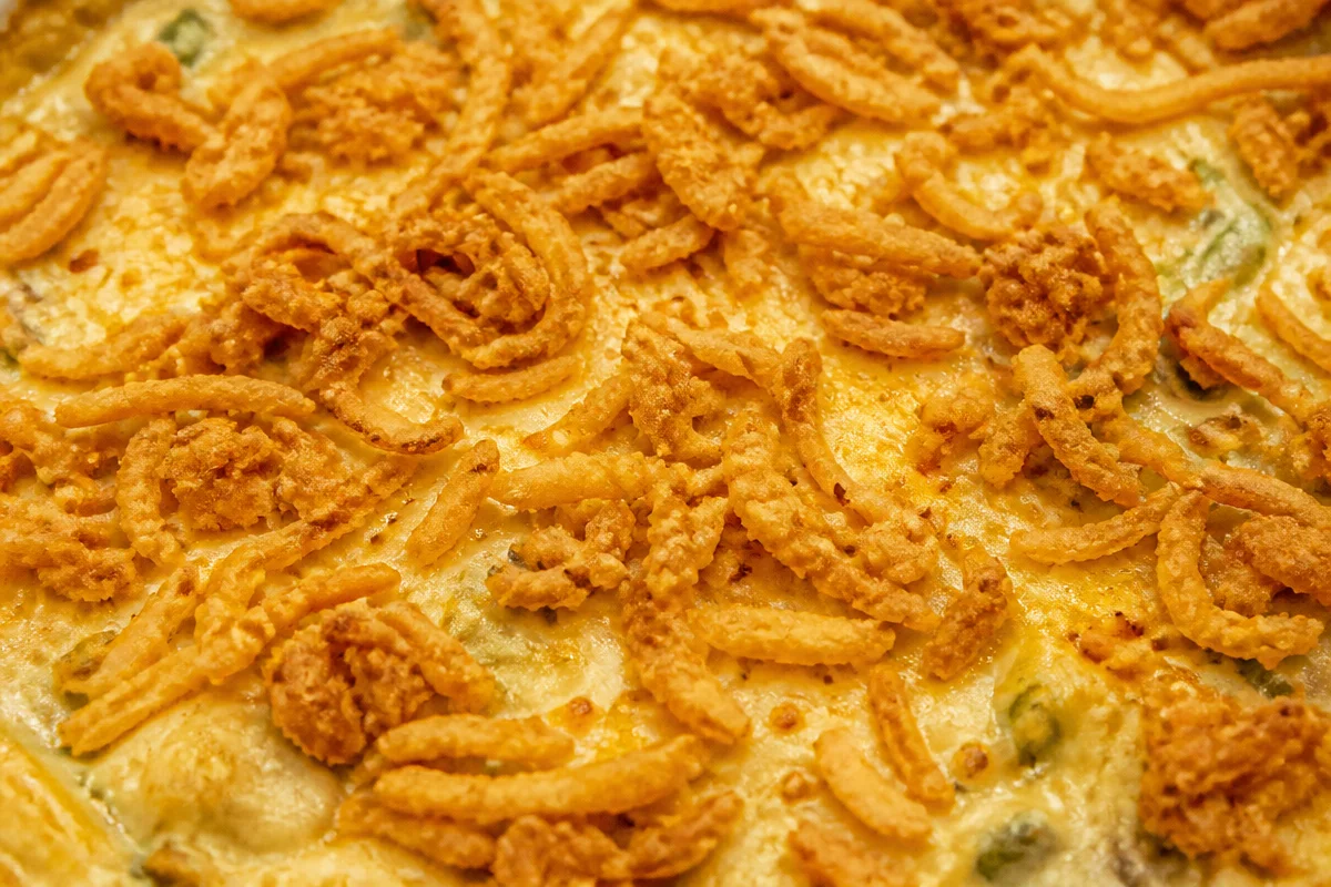 No Creamed Soup Green Bean Casserole served in a dish, perfect for Thanksgiving.