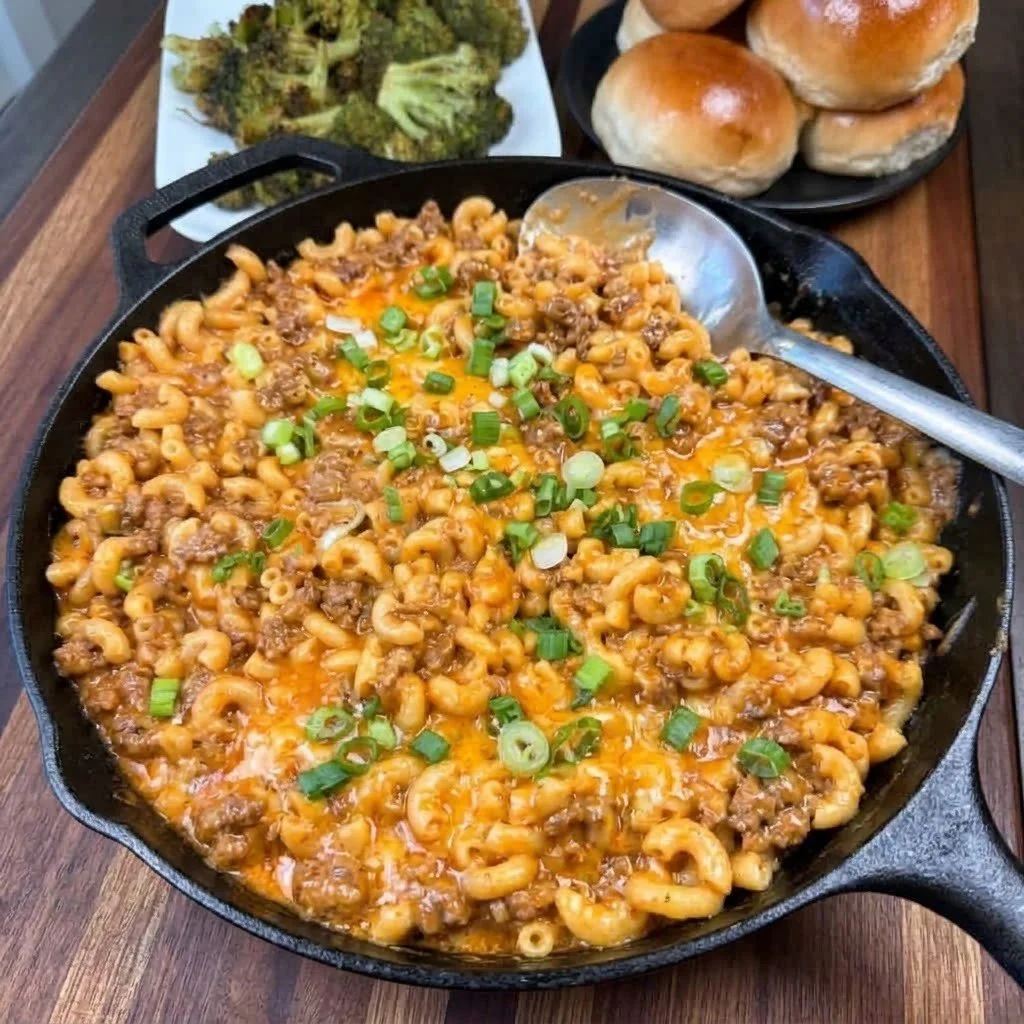 One Pan Cheeseburger Mac recipe with pasta, beef, and cheese