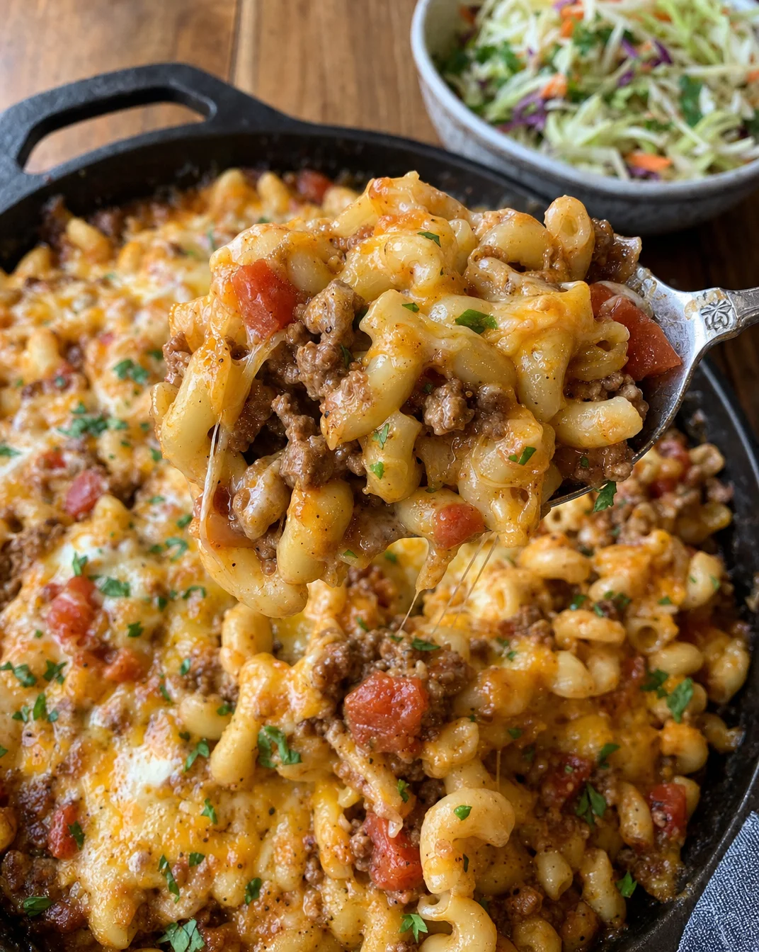 One Pan Cheesy Taco Mac dish topped with cheese and taco seasonings
