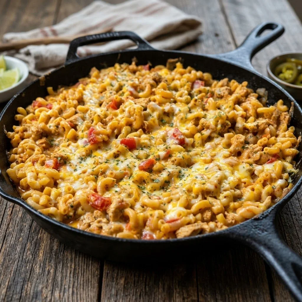 One Pan Chicken Taco Mac dish garnished and ready to serve.