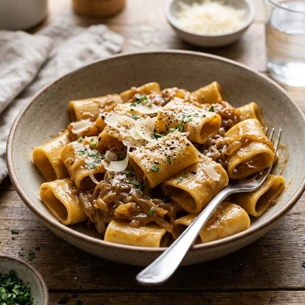 One Pan French Onion Pasta with melted cheese and caramelized onions