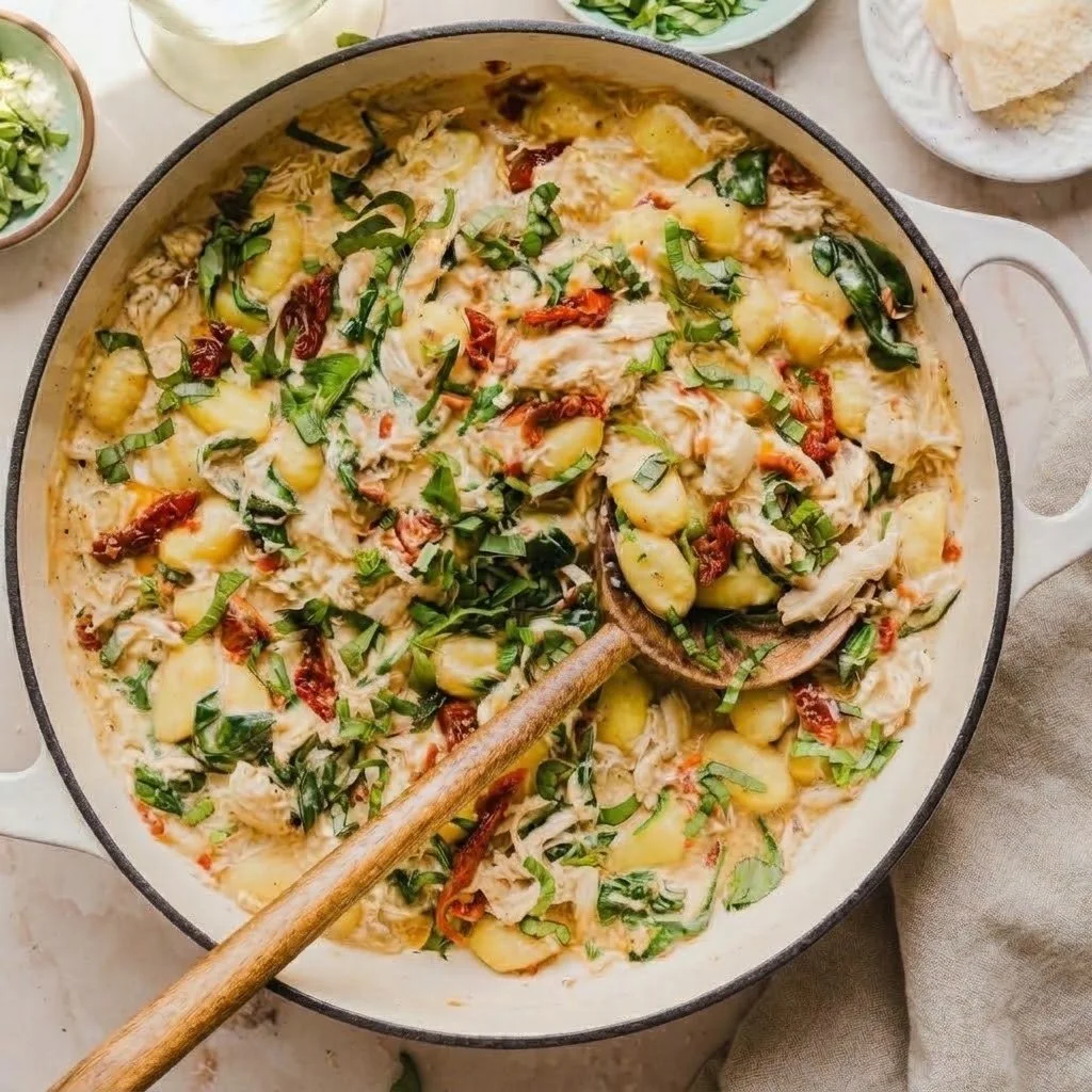 One Pan Marry Me Chicken and Gnocchi dish with herbs and creamy sauce