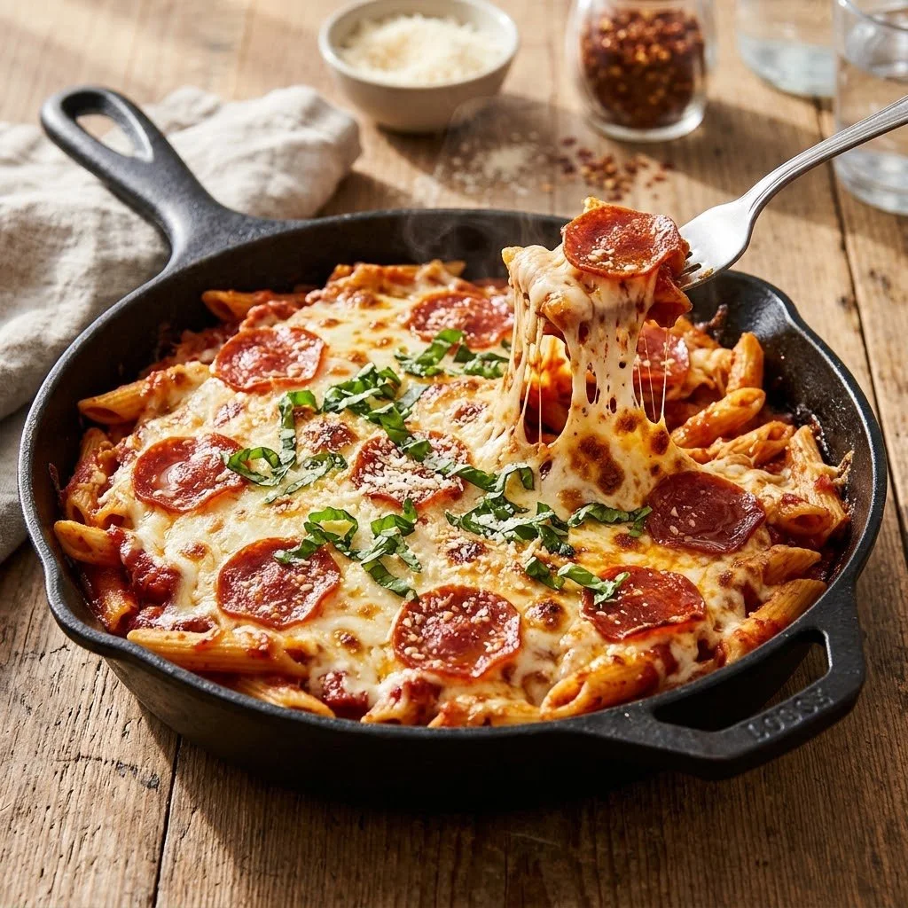 One pan dish featuring pepperoni pizza pasta ready to serve.