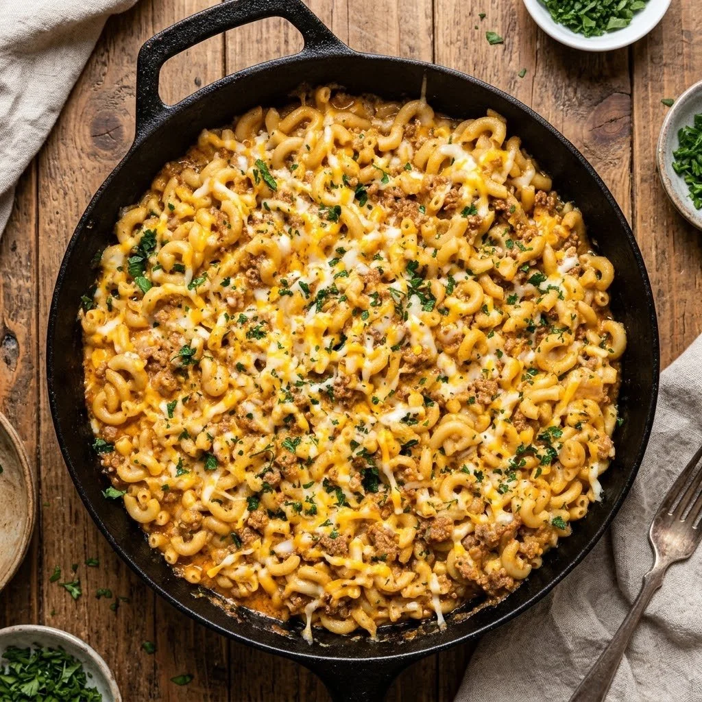 One Pan Steakhouse Cheeseburger Mac served in a skillet