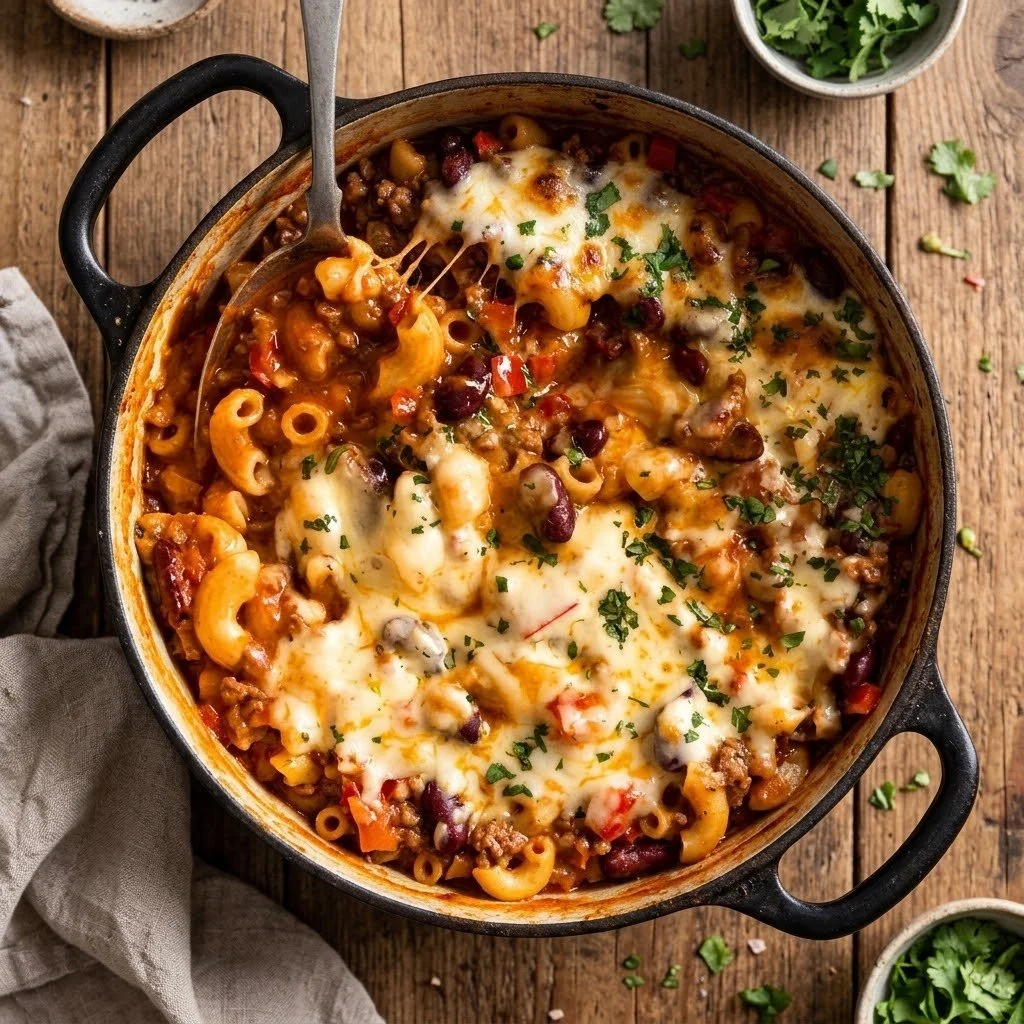 Creamy One Pot Chili Mac and Cheese topped with cheese and herbs