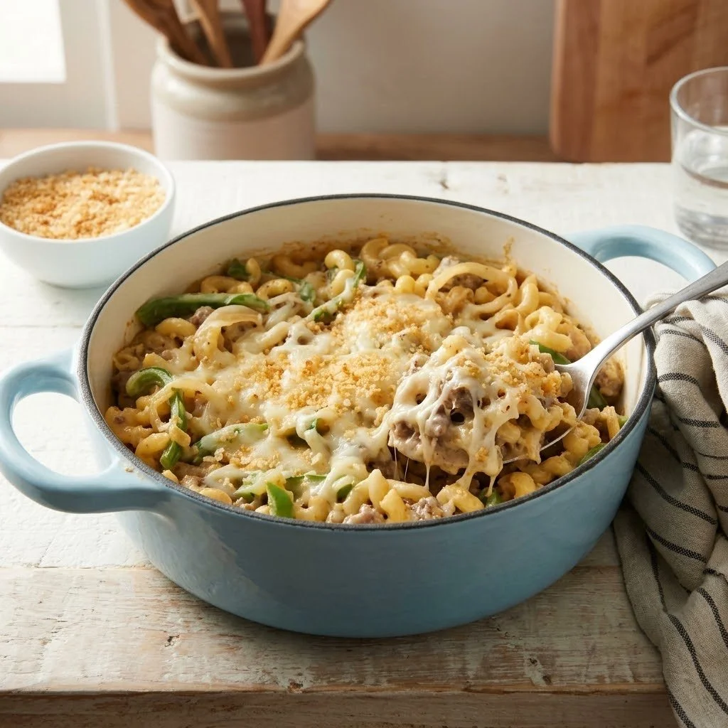 One-Pot Philly Cheese Steak Mac and Cheese served in a bowl.