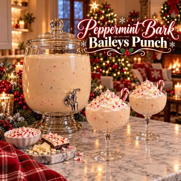 A festive Peppermint Bark Baileys Punch in a glass, garnished with chocolate and peppermint.