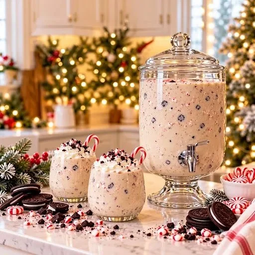 Festive Peppermint Cookies & Cream RumChata Punch in a glass with holiday decorations