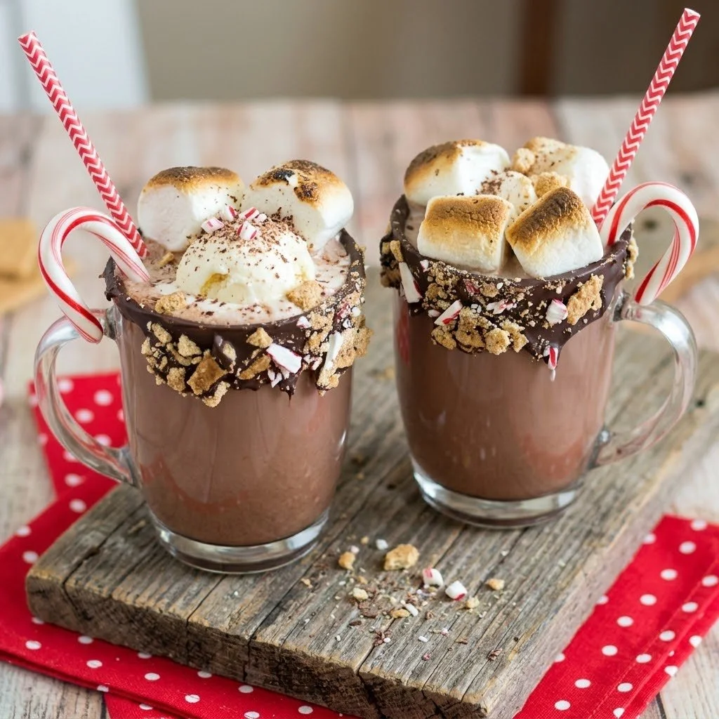 Delicious Peppermint S'mores Hot Chocolate Floats topped with marshmallows