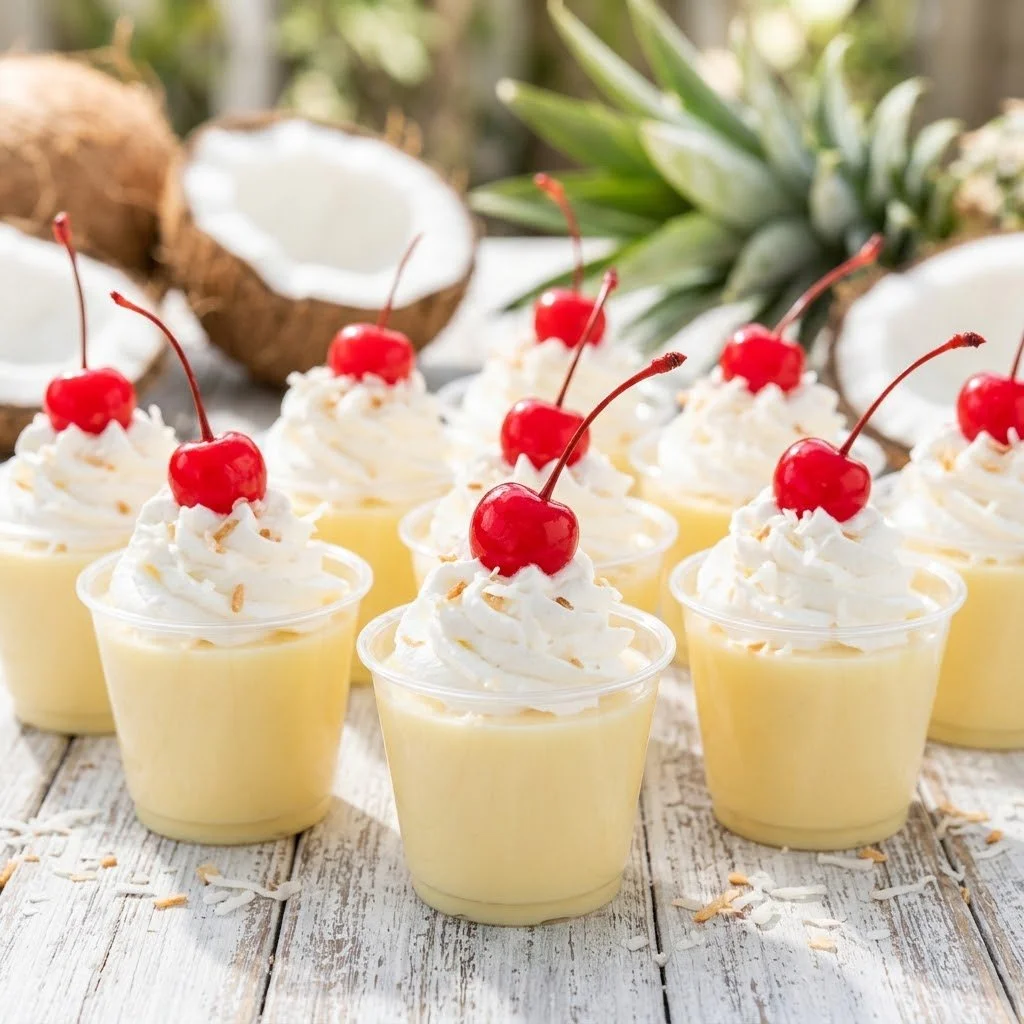 Pina Colada Jello Shots served in festive cups