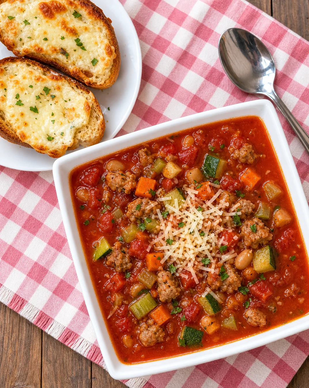Bowl of delicious Pizza Soup topped with cheese and herbs