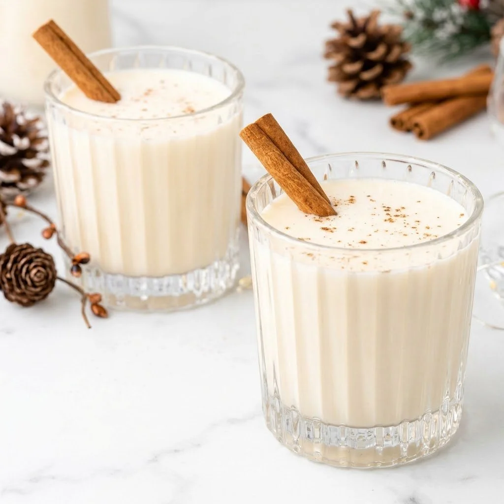 Delicious Puerto Rican Coquito, a traditional eggnog cocktail garnished with cinnamon.
