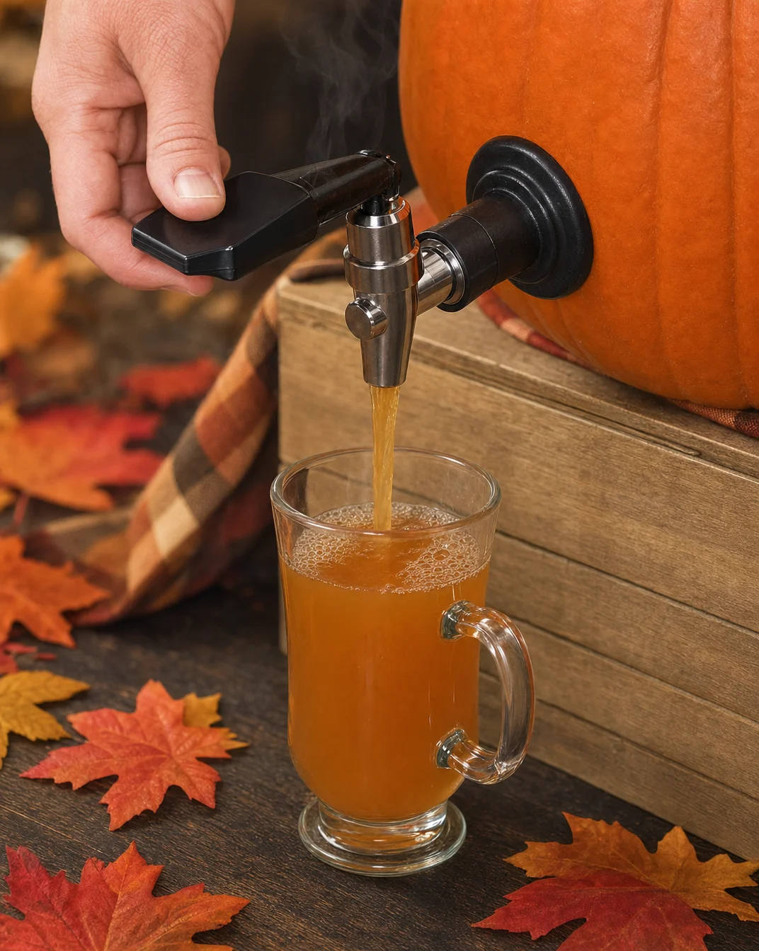 Pumpkin keg filled with bourbon-apple punch for festive gatherings