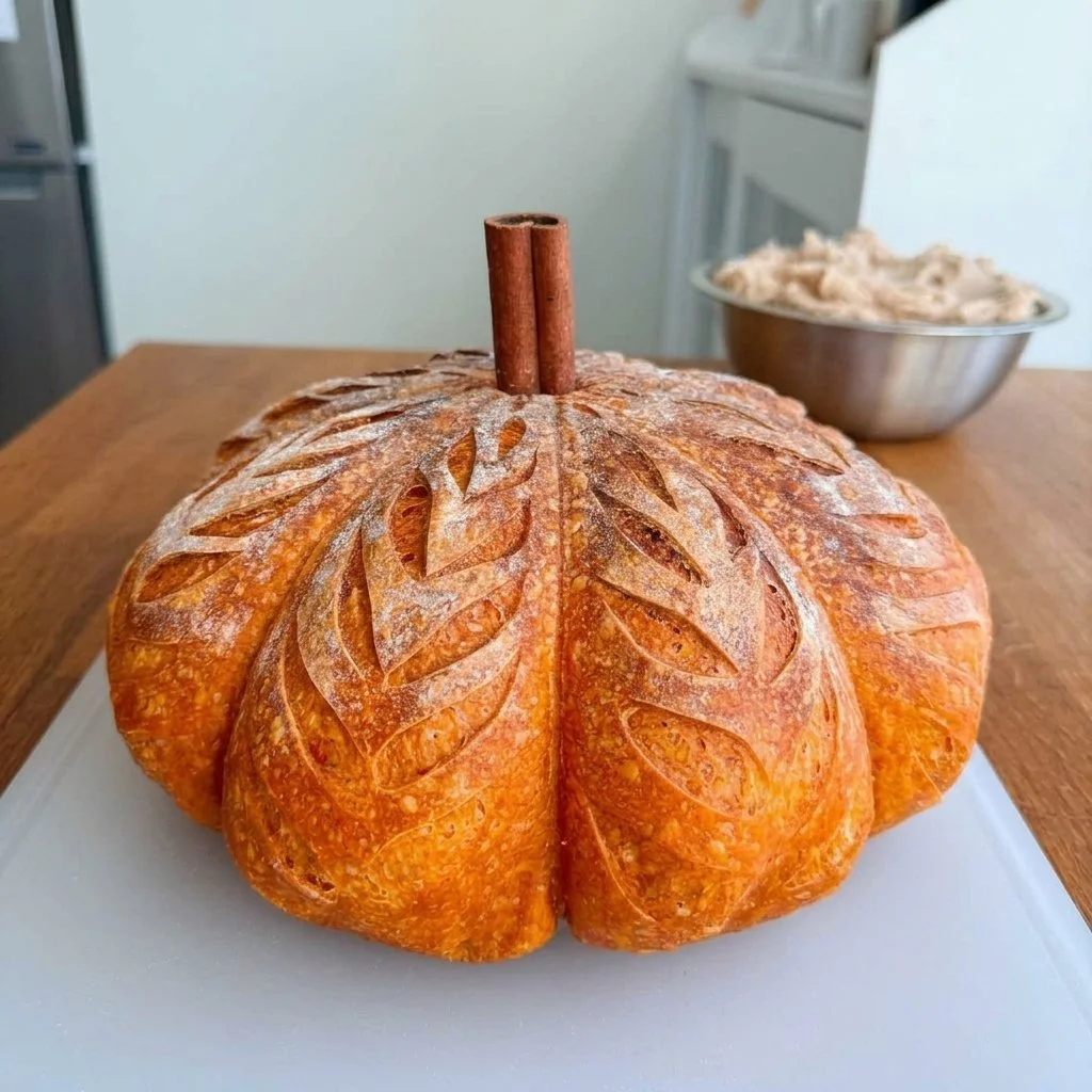 Pumpkin shaped sourdough bread fresh out of the oven, perfect for fall festivities