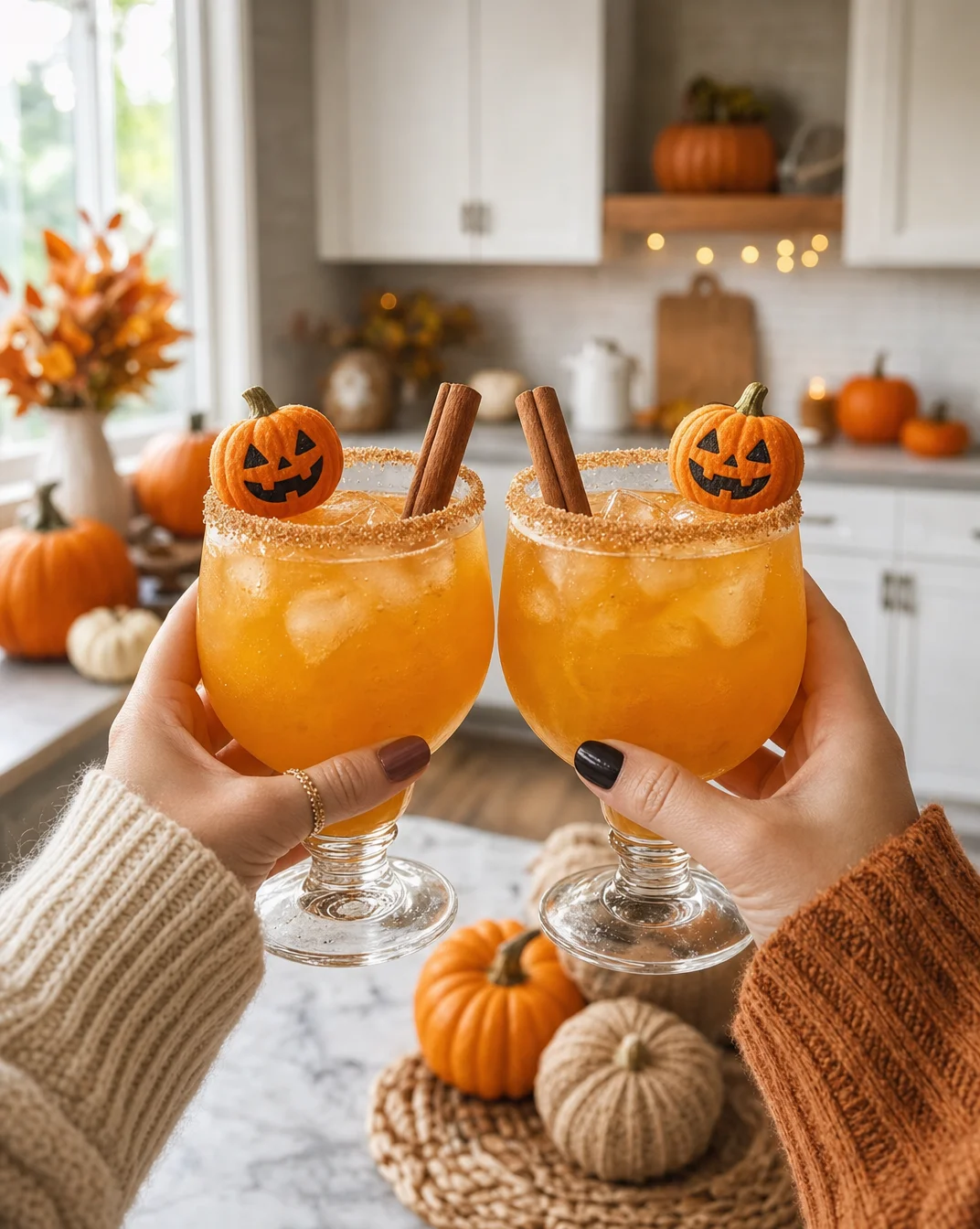 Pumpkin Spice Margarita garnished with cinnamon and pumpkin, perfect fall cocktail.