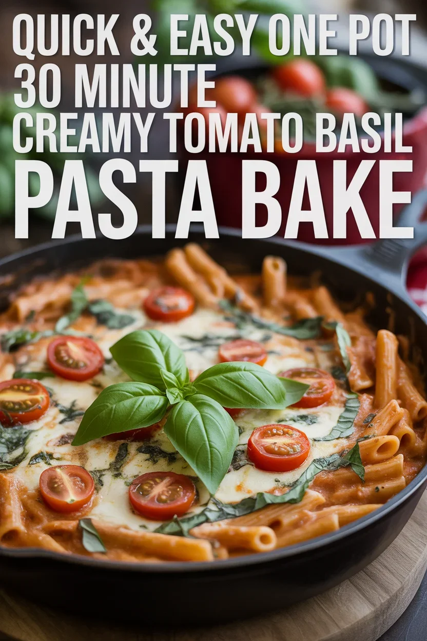 Quick & Easy One Pot 30 Minute Creamy Tomato Basil Pasta Bake