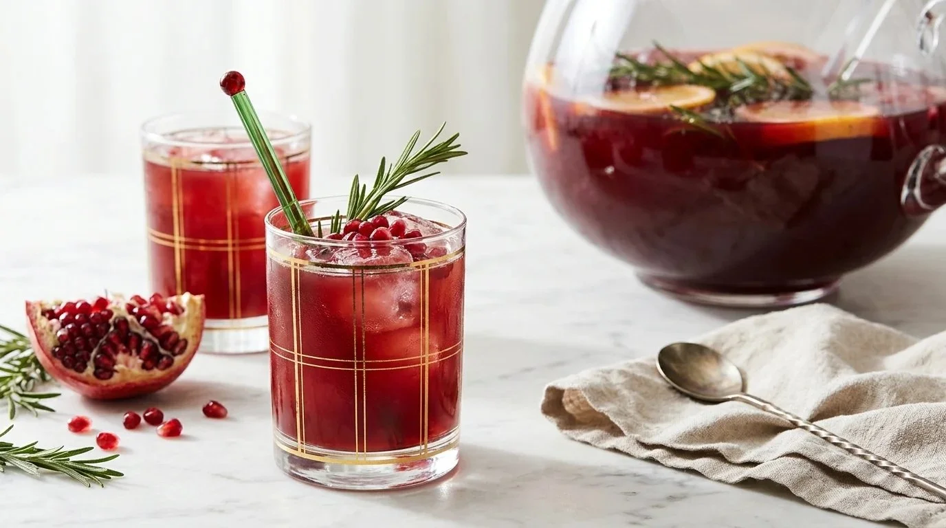 Rye Pomegranate Punch served in a glass with garnishes