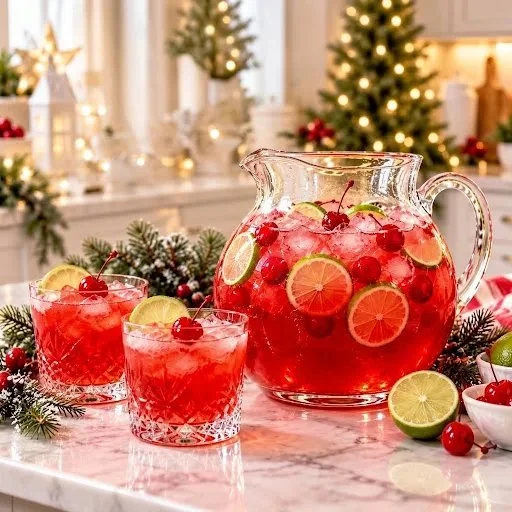 Santa's Cherry Lime Christmas Punch in a festive glass with holiday decor