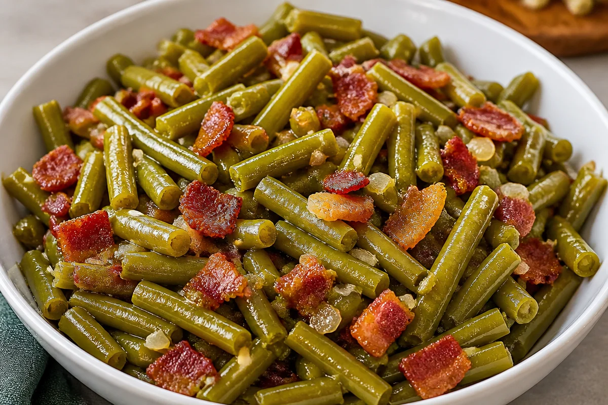 Delicious crockpot green beans with bacon and onions in a slow cooker.