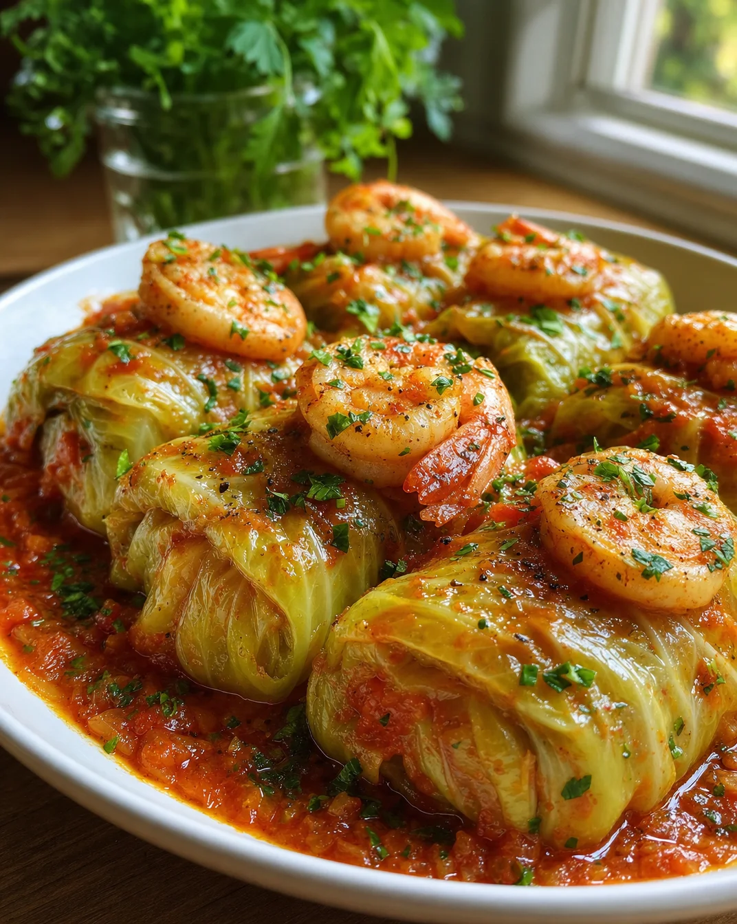 Cajun shrimp and beef sausage stuffed cabbage served on a plate