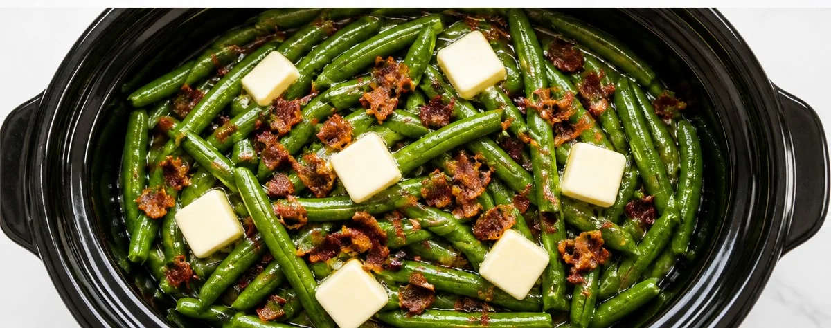 Delicious slow cooker green beans in a crockpot with herbs and spices