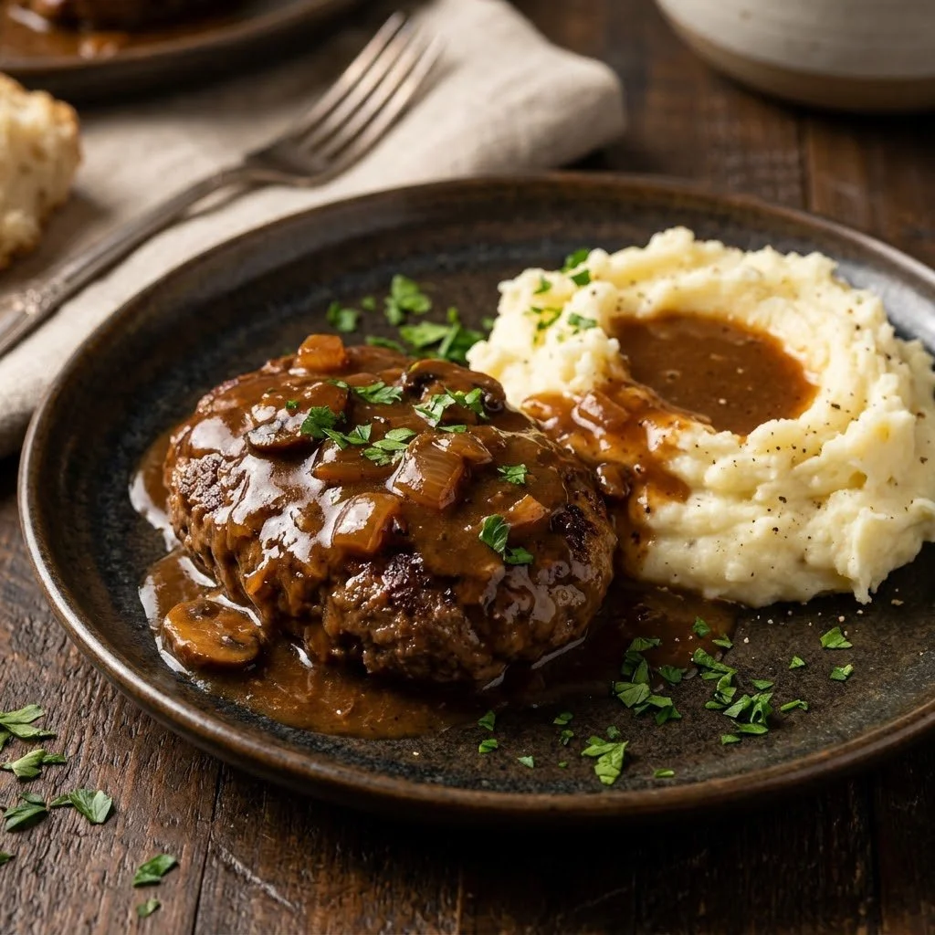 Slow Cooker Salisbury Steak served with gravy and mashed potatoes