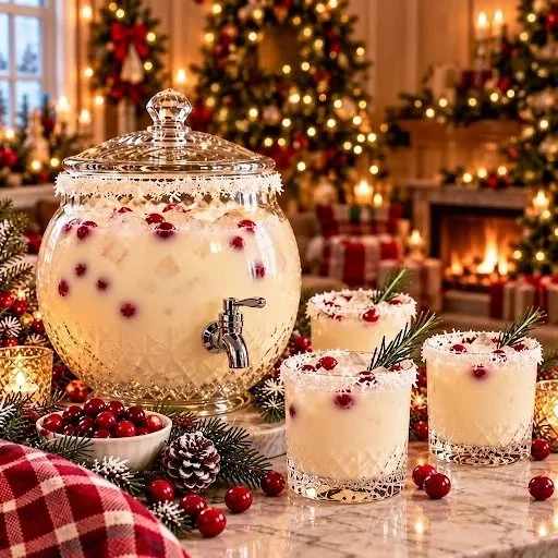 Snowy Coconut Christmas Punch ingredients and serving in a festive glass