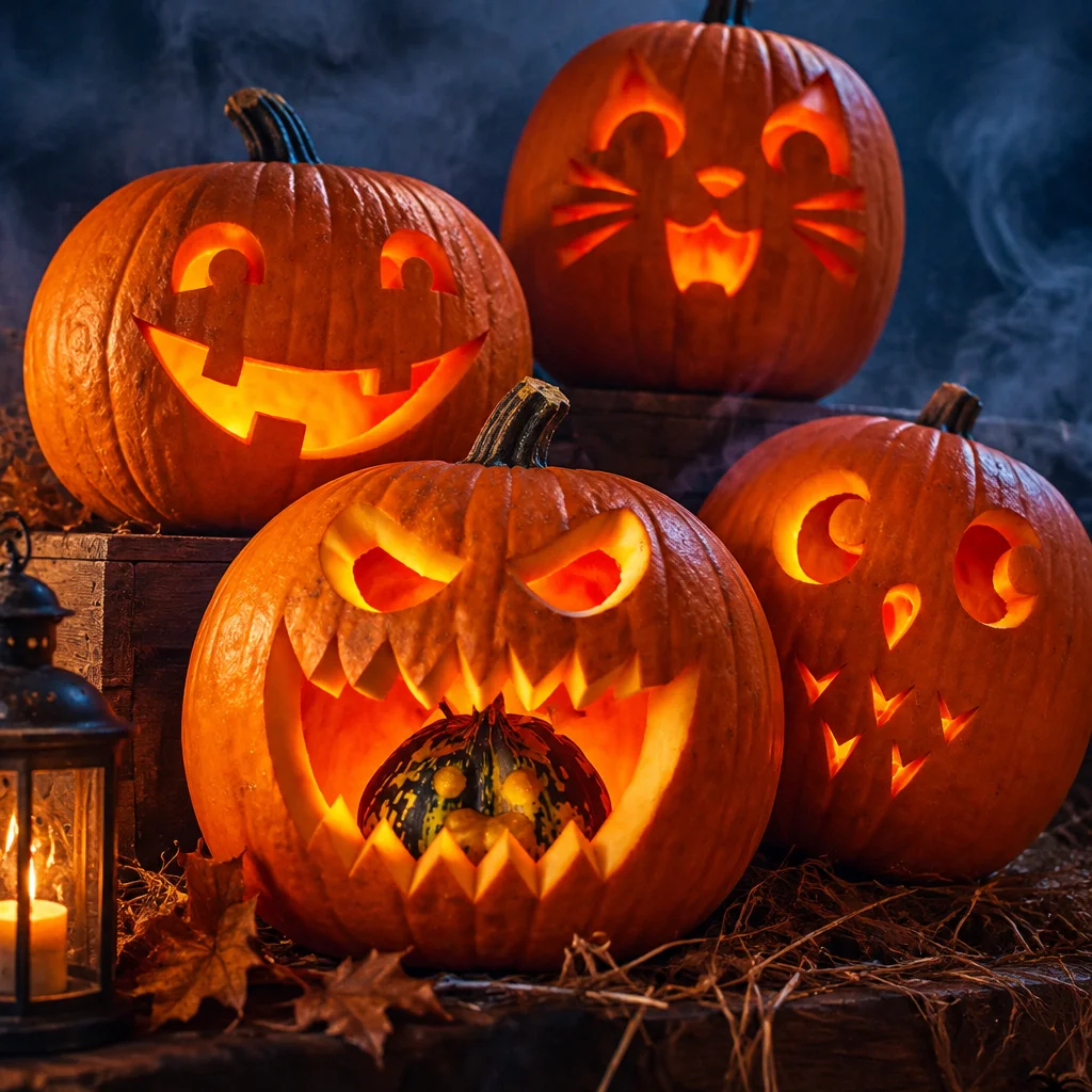 Collection of creative pumpkin carvings ideas for Halloween.