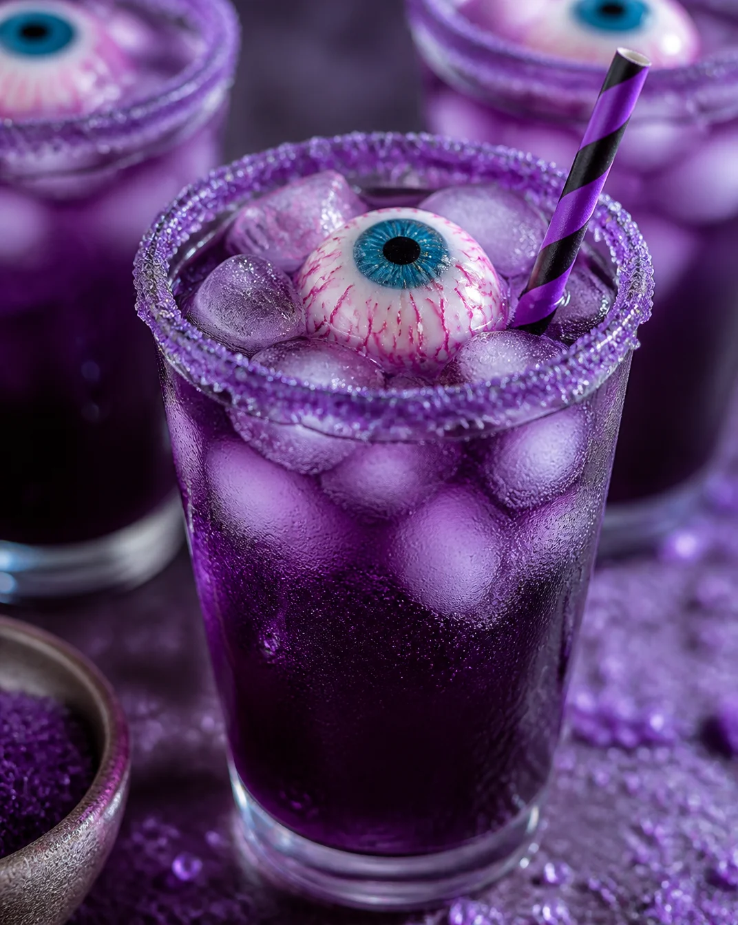 Colorful Spooky Purple People Eater Mocktail in a glass with garnishes