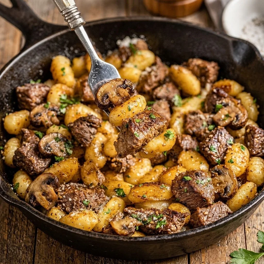 Tender steak bites served with creamy gnocchi in a savory sauce.