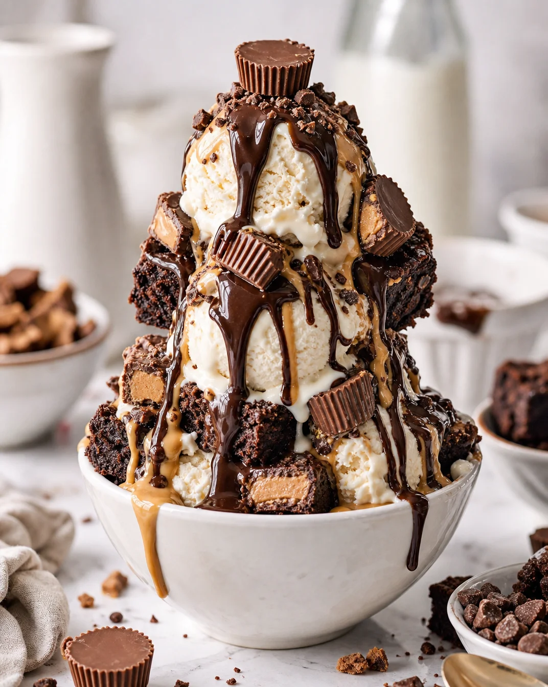 Delicious chocolate peanut butter brownie sundae topped with whipped cream and nuts