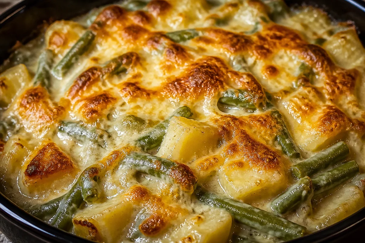 Delicious green bean casserole with potatoes topped with crispy onions.
